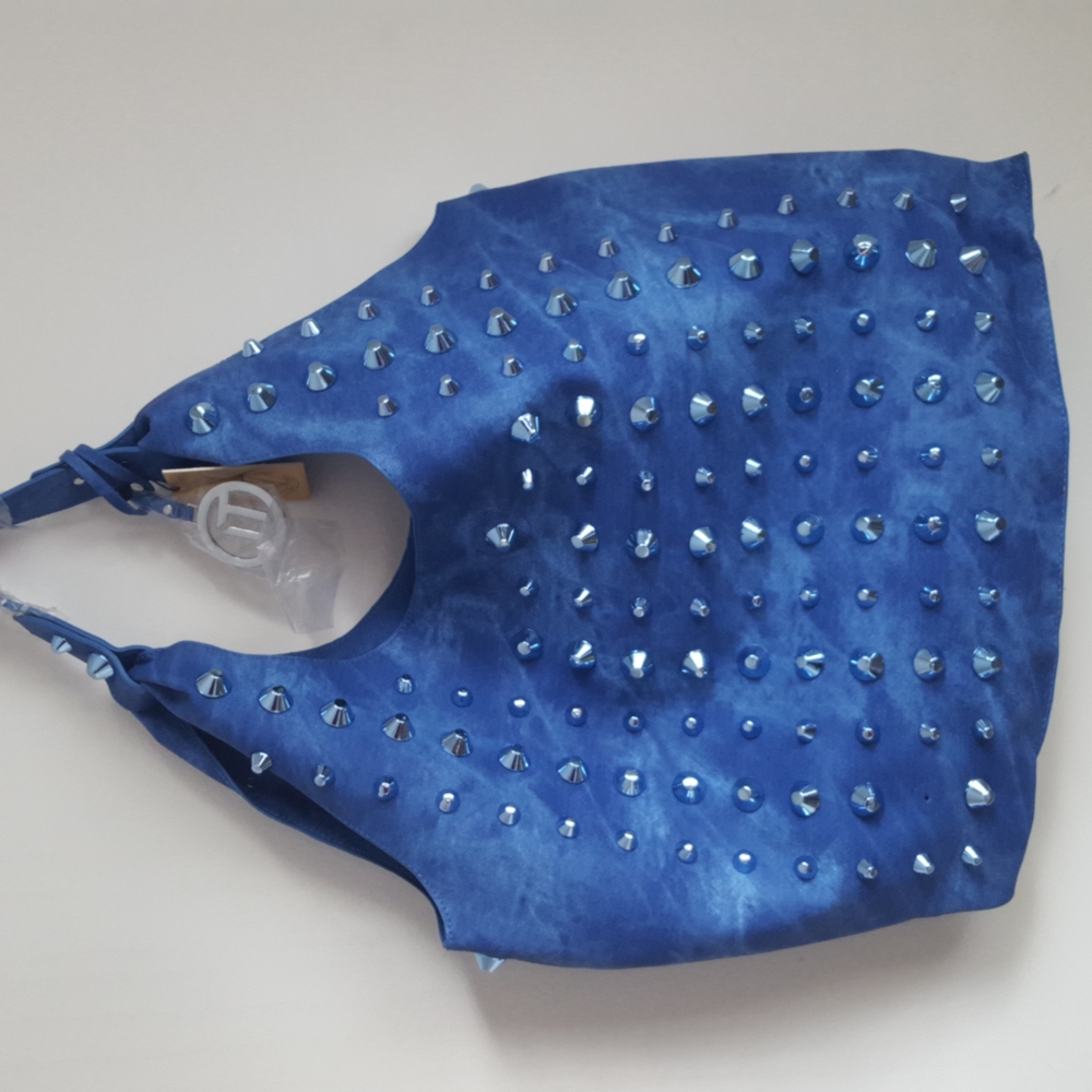 Traci Lynn blue denim one strap studded shoulder bag